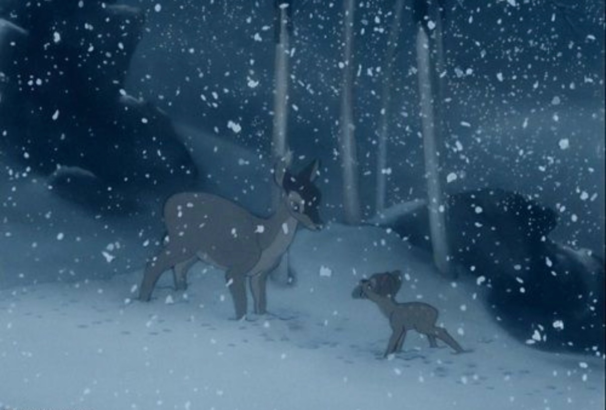 Bambi — animation still: Bambi and his mother standing in falling snow