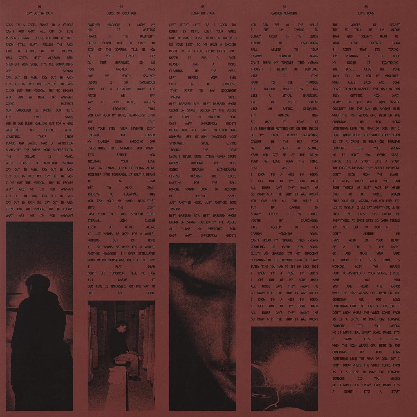 Corbin — Crisis Kid, lyric sheet spread, tracks 01–05