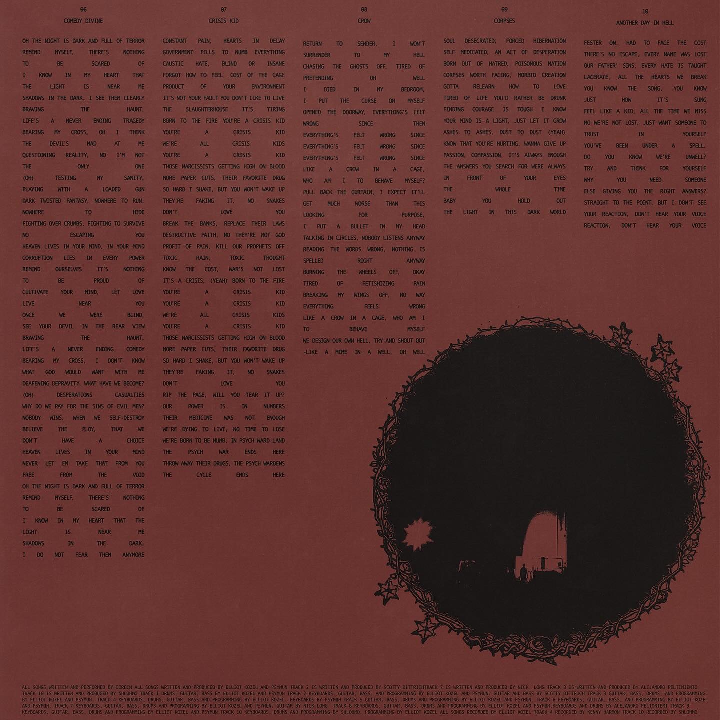 Corbin — Crisis Kid, lyric sheet spread, tracks 06–10