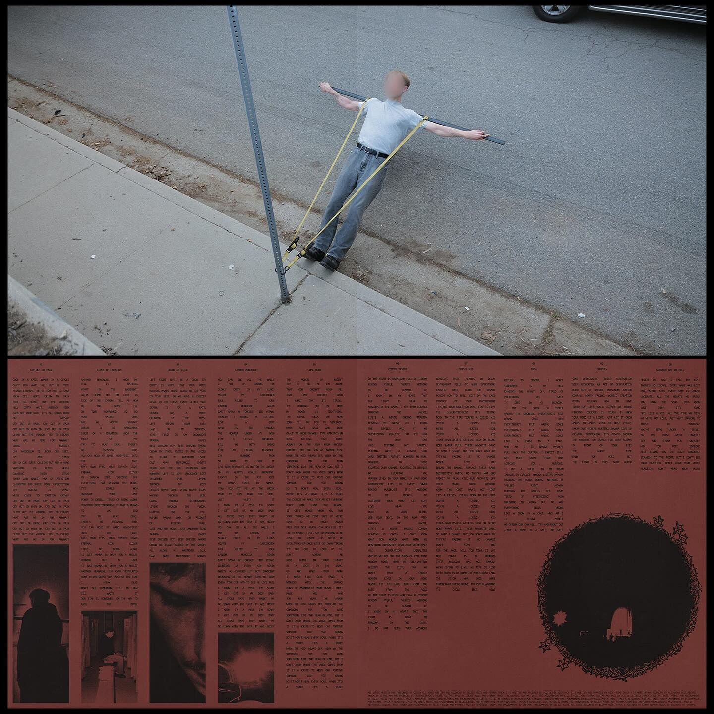 Corbin — Crisis Kid, gatefold spread: the joined street scene over the lyric sheets