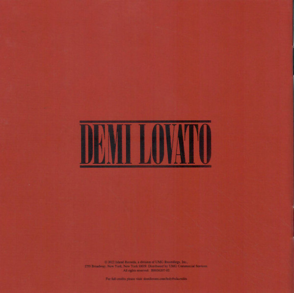 Demi Lovato — Holy Fvck CD packaging: booklet final page — Demi Lovato in blackletter on red