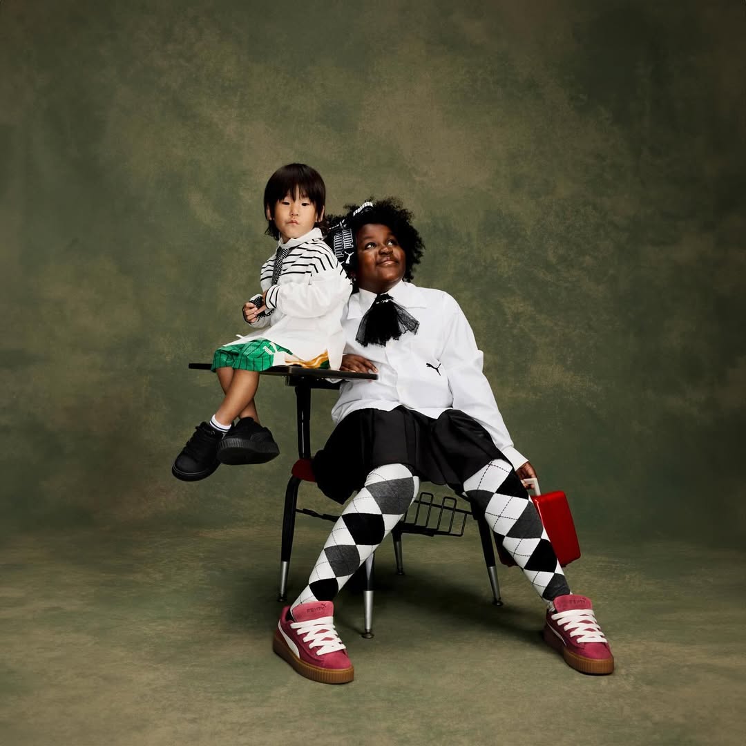 Fenty × Puma — In Session campaign photograph, two child models at a school desk