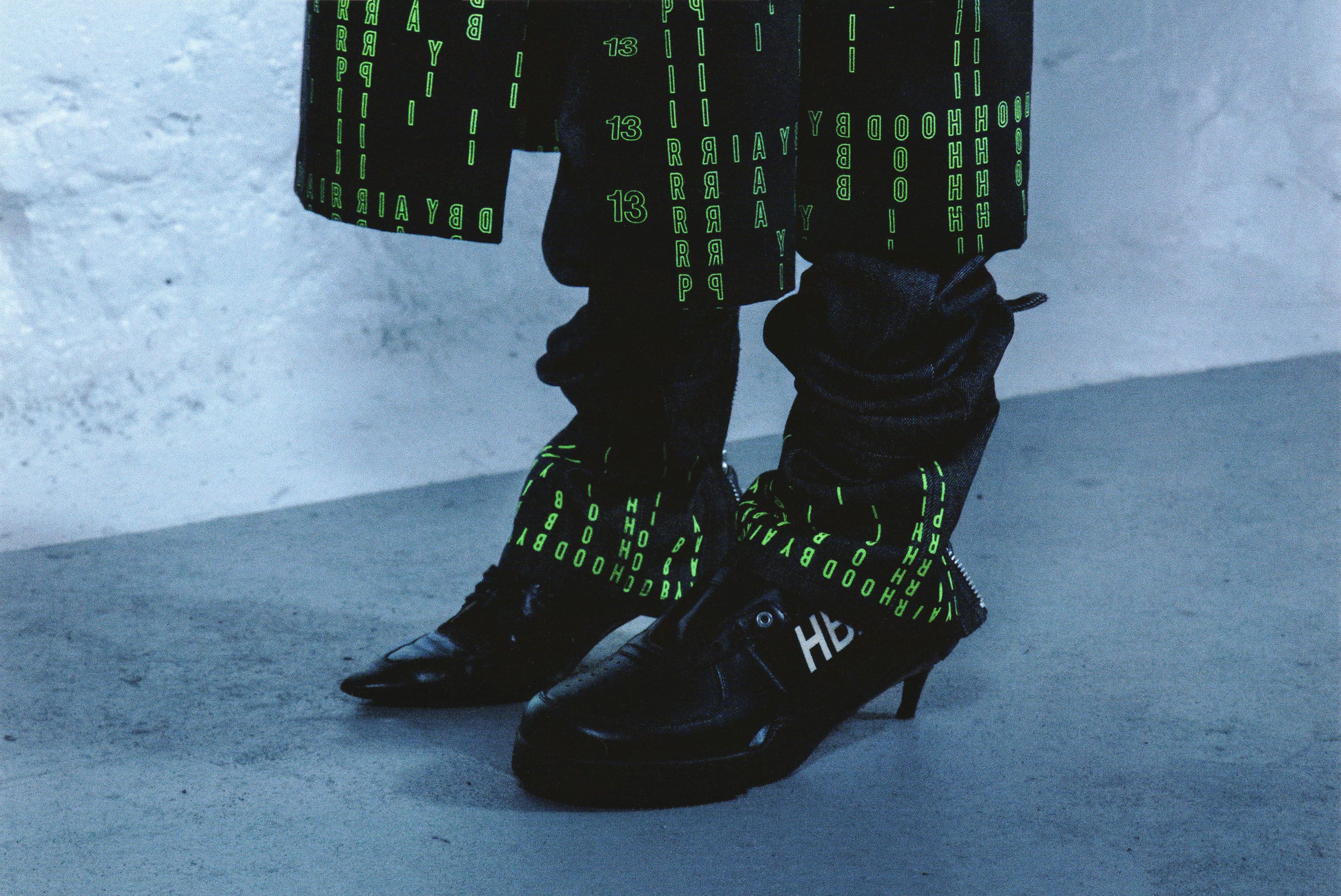 Hood By Air — Museum, boots and green-code trousers, close-up