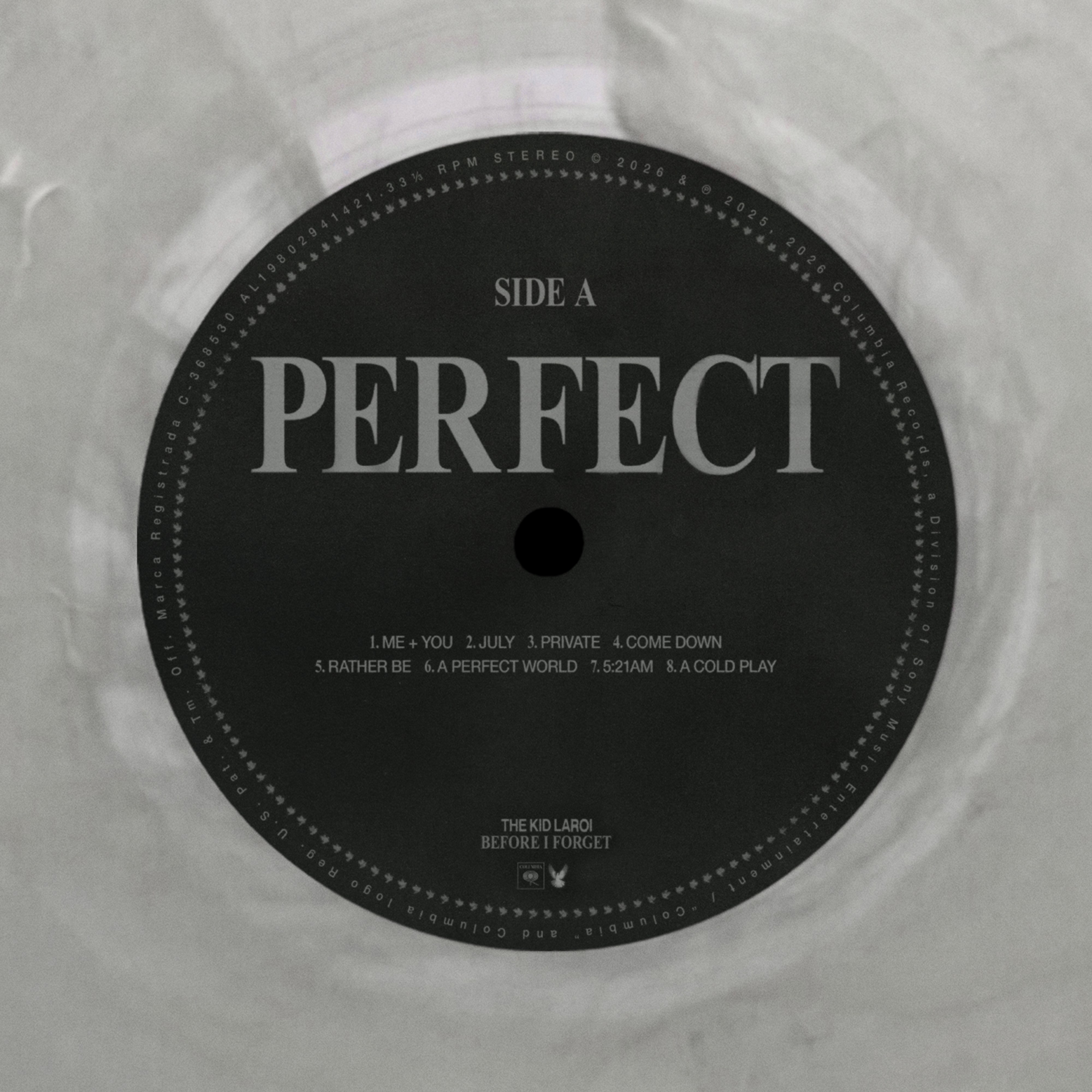 The Kid Laroi — Before I Forget vinyl, Side A label PERFECT on the clear marbled disc