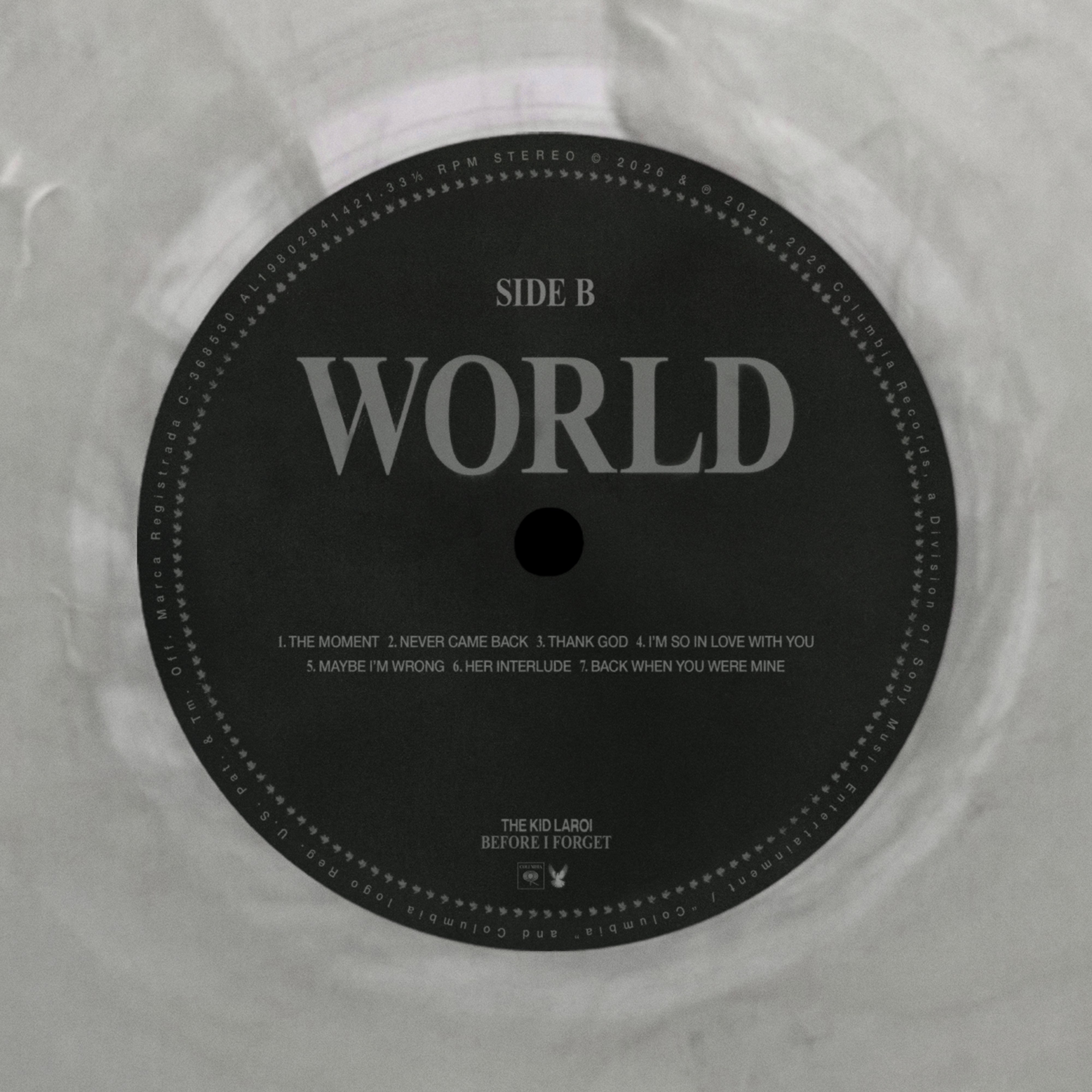 The Kid Laroi — Before I Forget vinyl, Side B label WORLD on the clear marbled disc