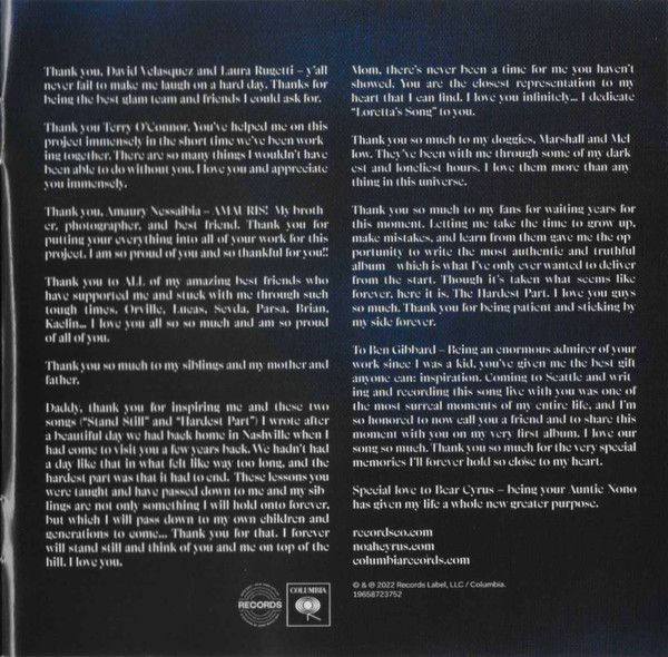 Noah Cyrus — The Hardest Part CD booklet: acknowledgments page
