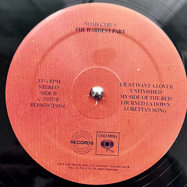 Noah Cyrus — The Hardest Part vinyl packaging: US label close-up, side B