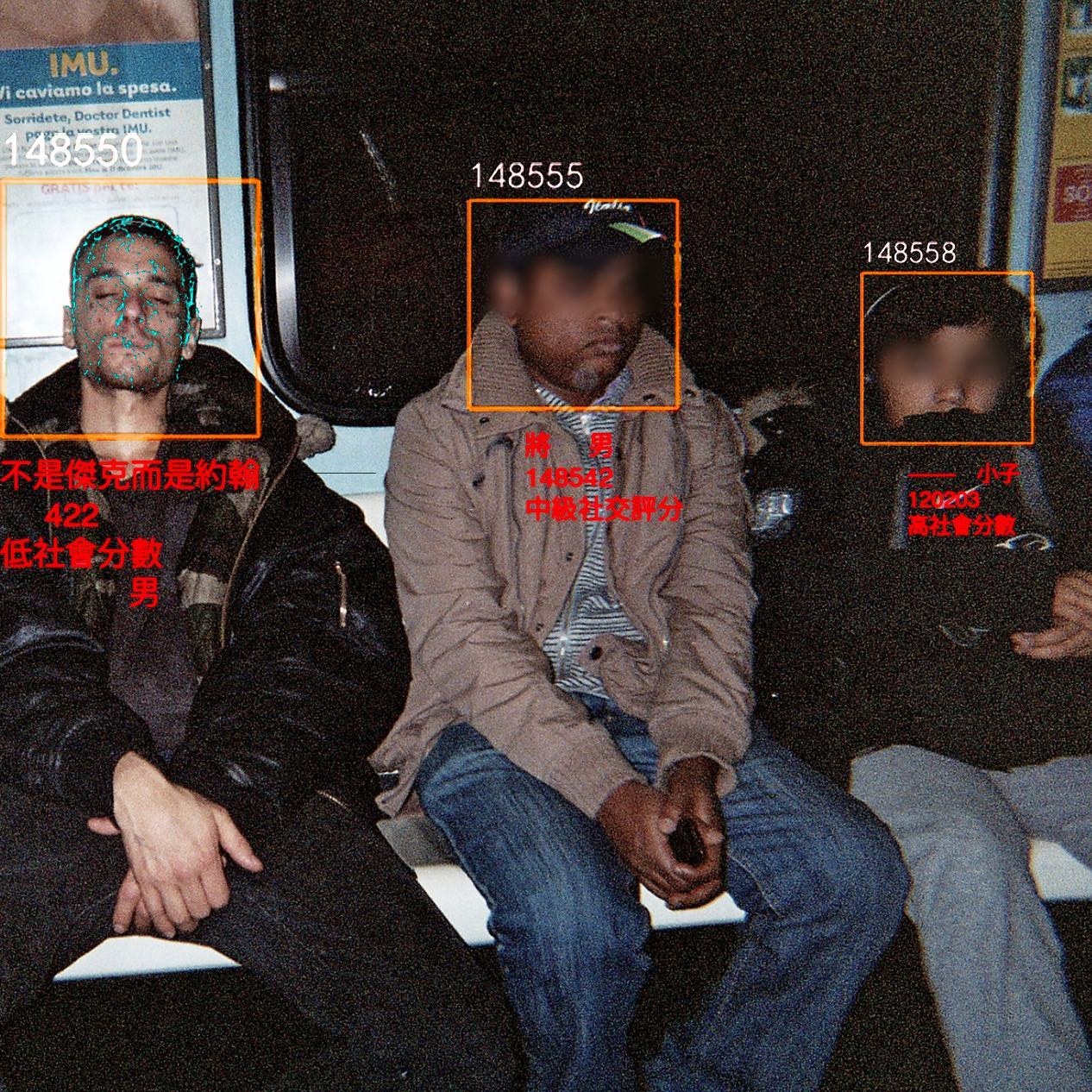 Salem — Red River, subway triptych (3 of 3): seated man in a black jacket with an orange face-detection box