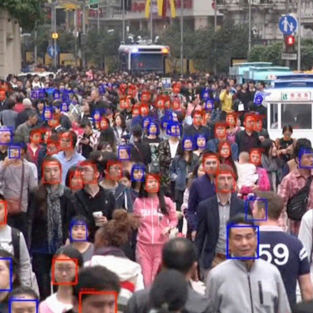 Salem — surveillance collage, crowd with face-detection boxes