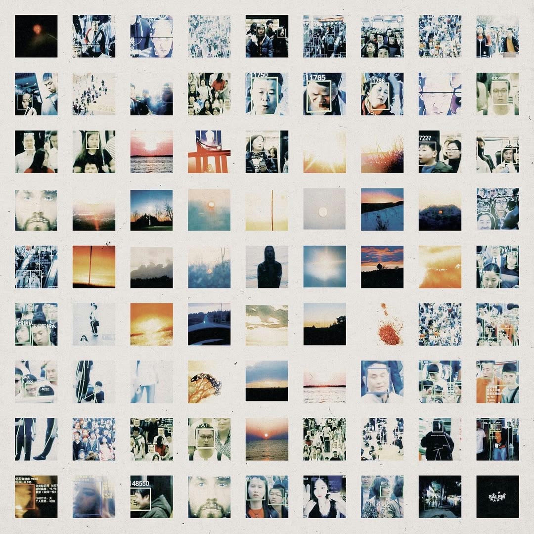 Salem — surveillance collage, grid of tracked faces and sunsets with SALEM credit