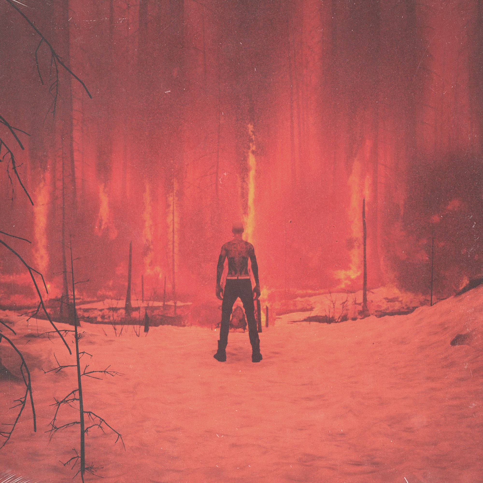 Shlohmo — Heaven Inc., campaign graphic, figure in a burning forest