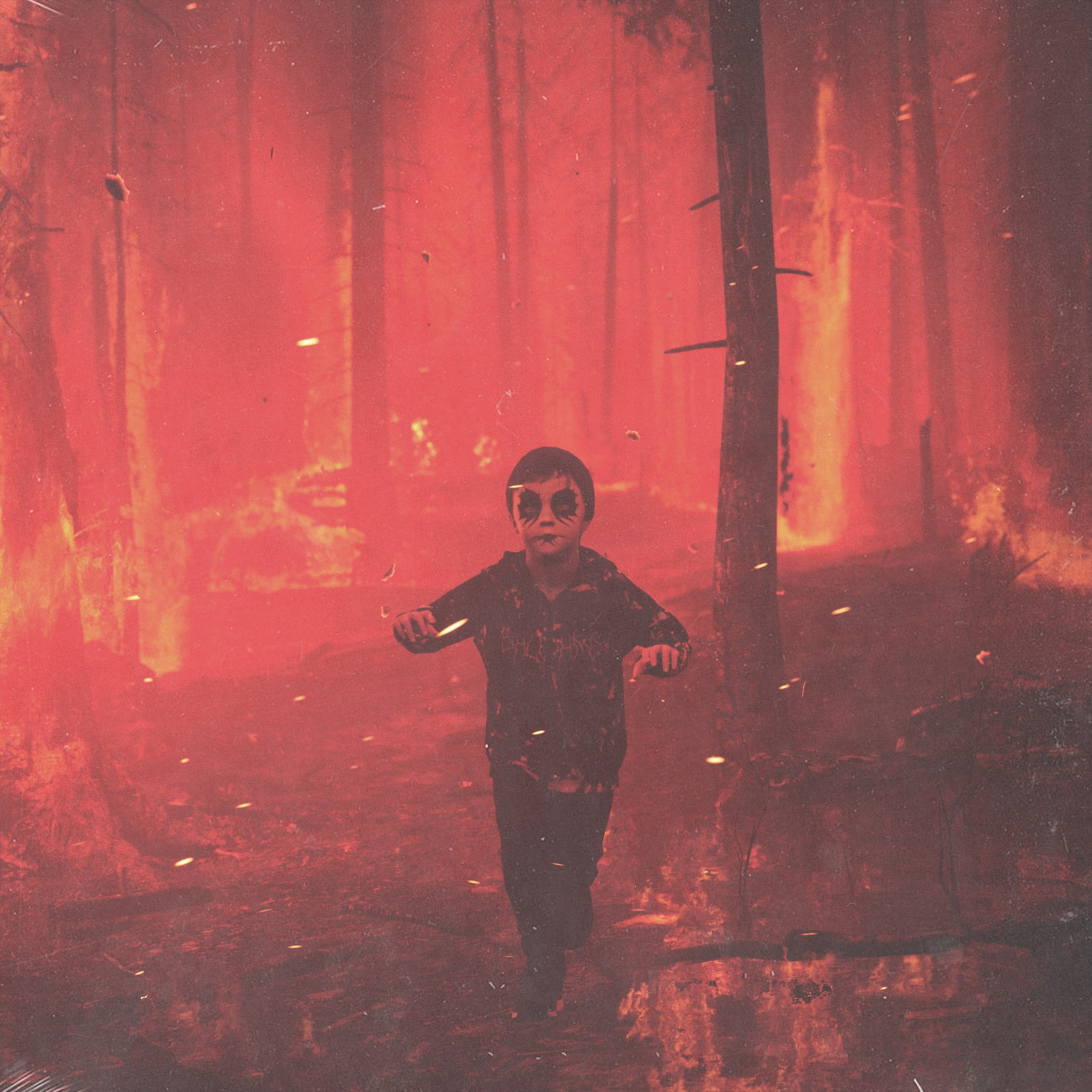 Shlohmo — Heaven Inc., campaign graphic, child running through a burning forest