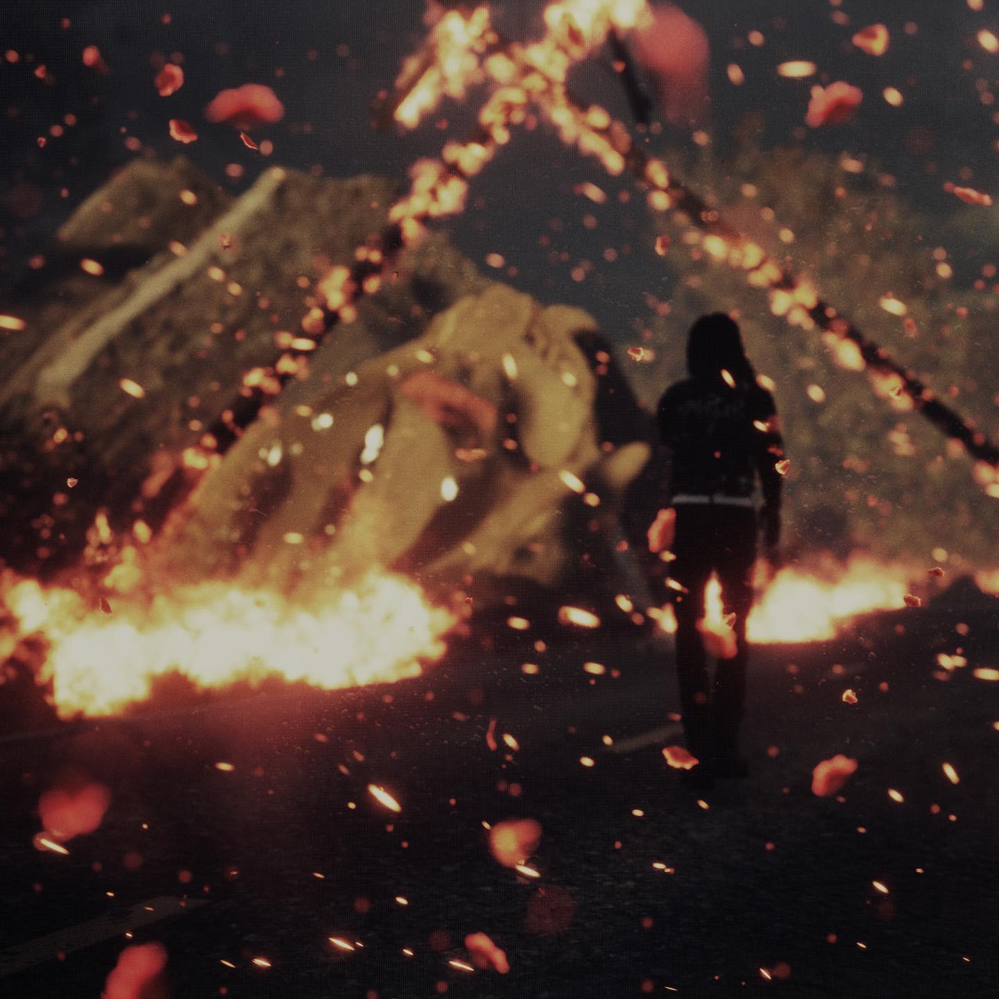 Shlohmo — Looking at Plants, figure walking toward a burning wreck