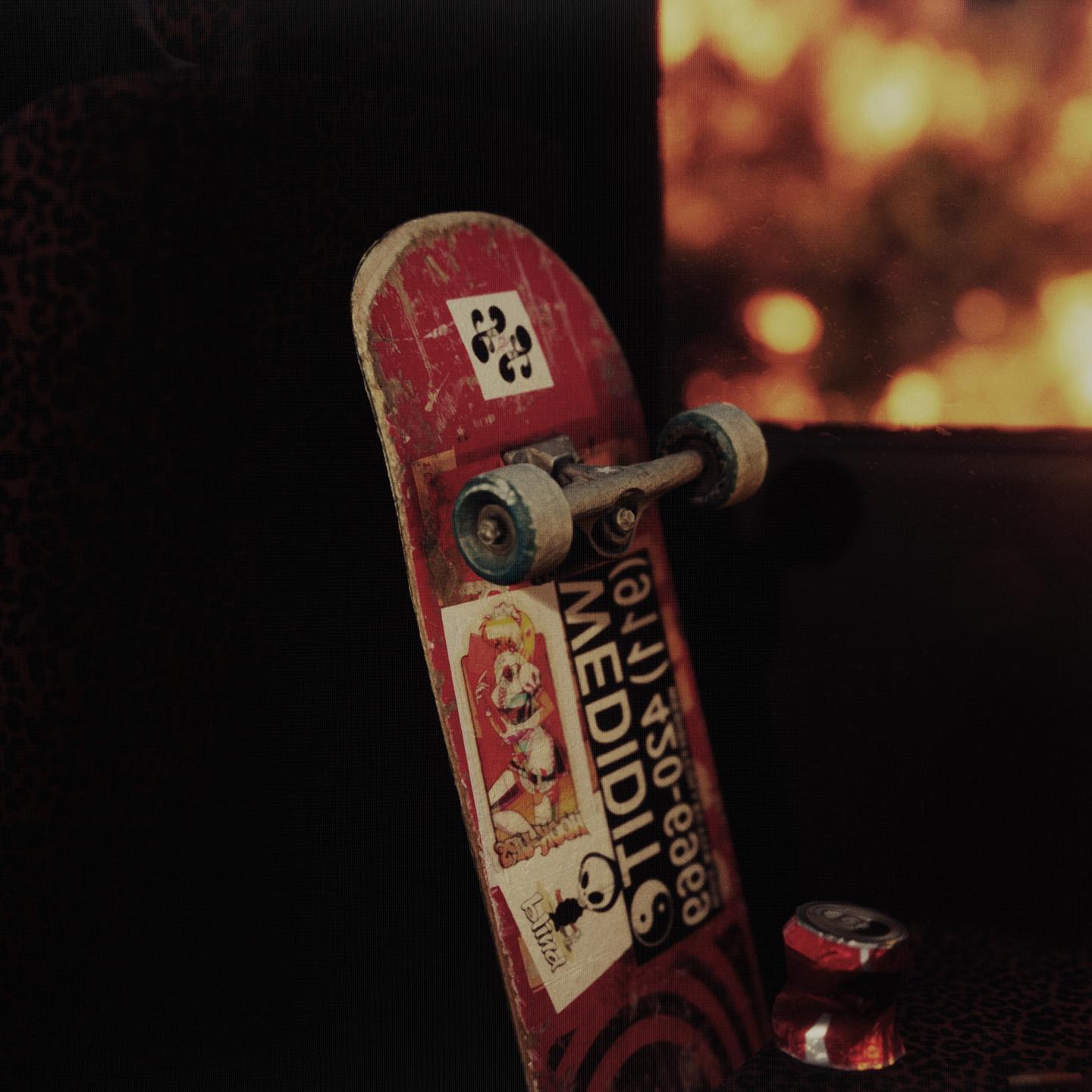 Shlohmo — Looking at Plants, red skateboard by a fire