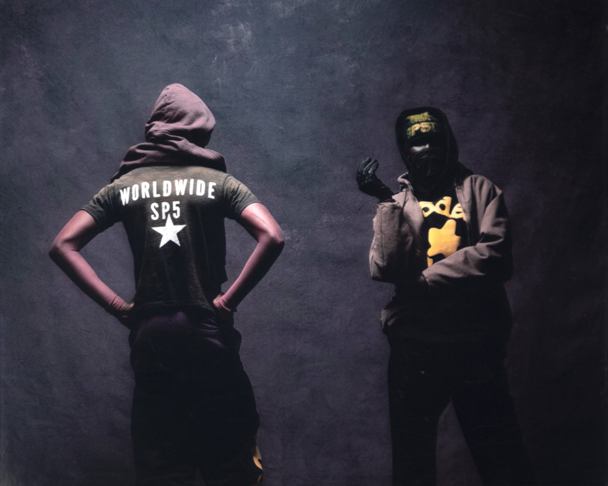 Sp5der — campaign photograph, Worldwide SP5 tee back view with masked model