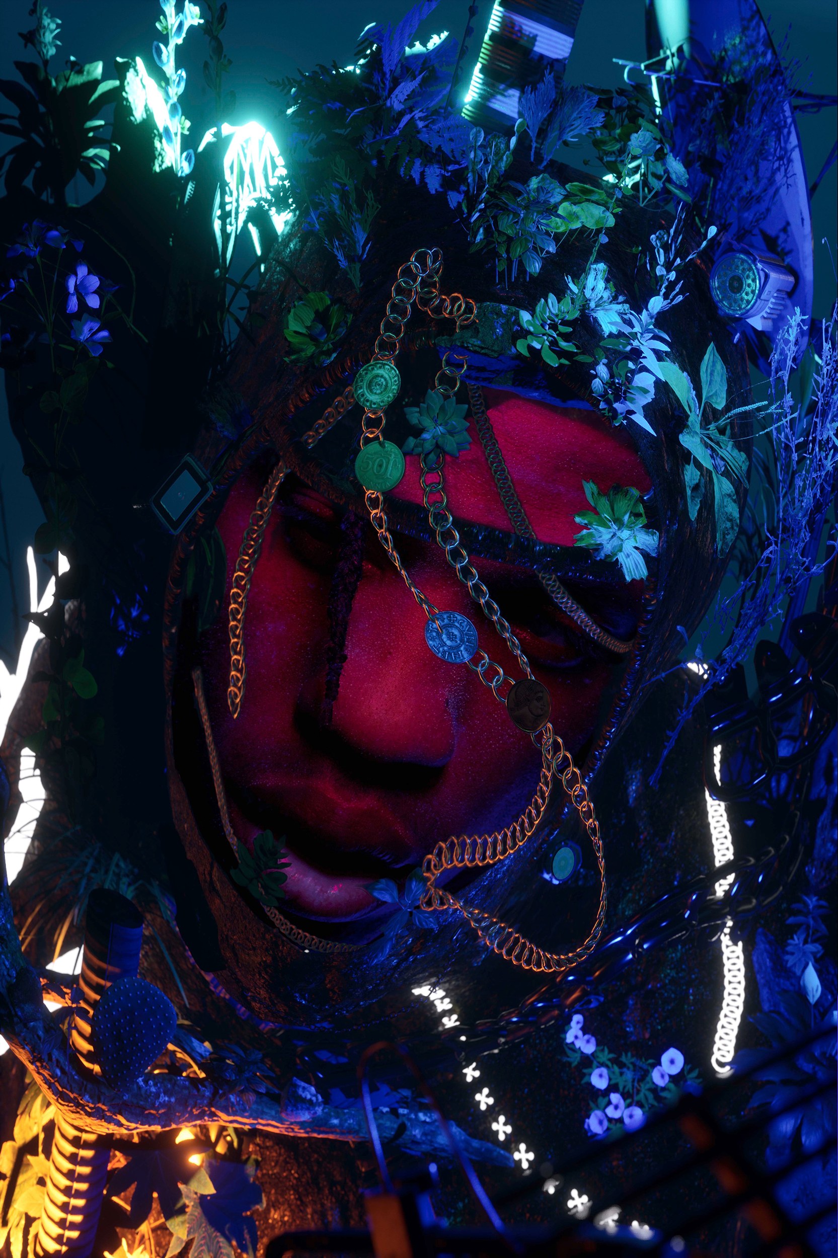 Travis Scott — portrait with chains and flowers